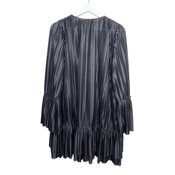 Anna Grace Small Pleated Black Satin Mini Dress V Neck Tiered Party Cocktail - Picture 2 of 12